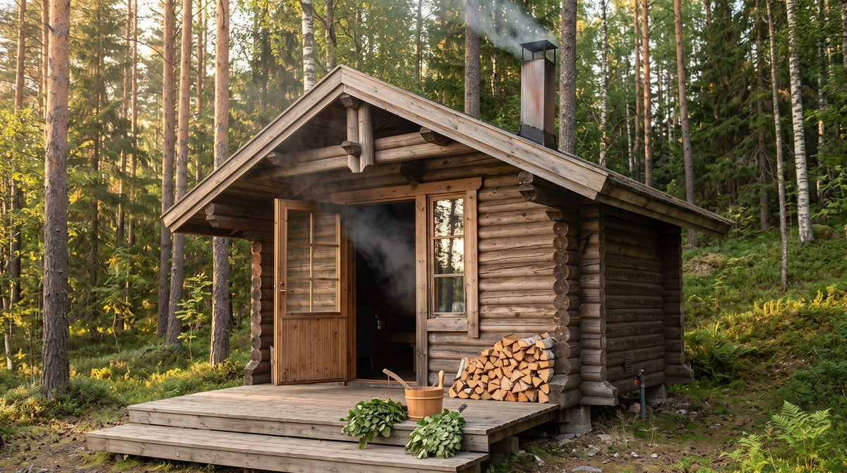 A log sauna cabin in a Finnish forest, with a sauna bucket and birch whisks on the porch and steam drifting from the door